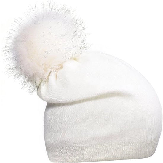 Muti invernali con pompon sostituibile per donne, cappello caldo e soffice di lana, bianco