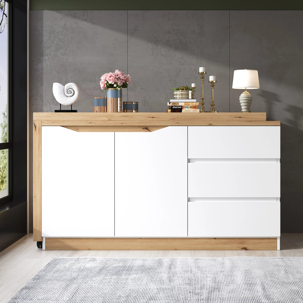 Scrivania pieghevole multifunzionale con 2 ante, 3 cassetti e ruote frenanti, per studio, bianco e rovere 120 × 50 × 78 cm