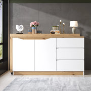 Scrivania pieghevole multifunzionale con 2 ante, 3 cassetti e ruote frenanti, per studio, bianco e rovere 120 × 50 × 78 cm