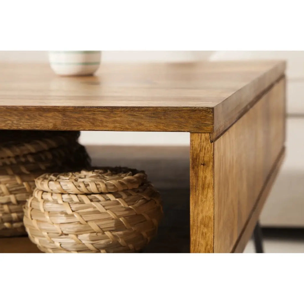 Tavolino SILVA 60 cm in legno di Sheesham massiccio e metallo nero – 2 vani