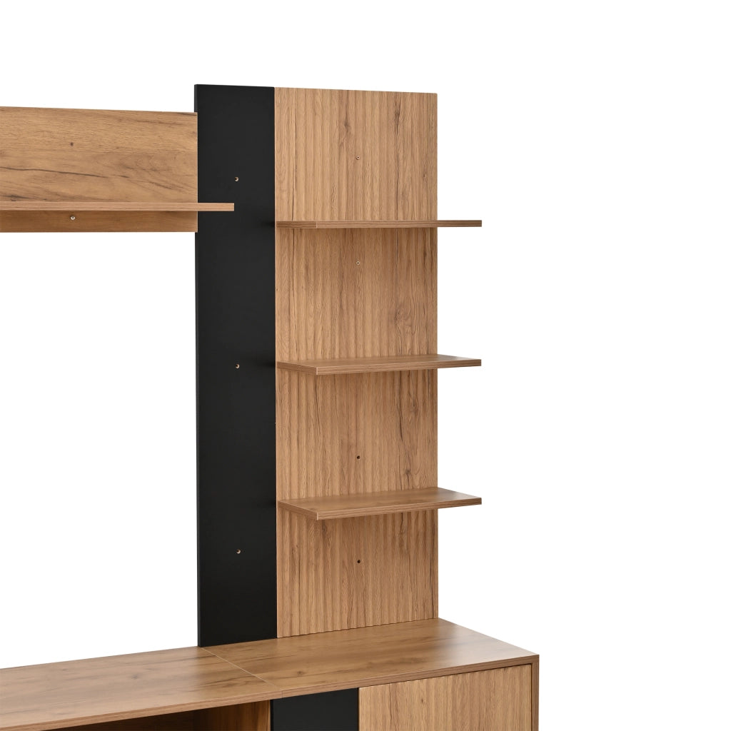Mobile porta TV con 3 ante e ripiani aperti, per soggiorno, in truciolare, legno e nero, 187,5 × 40 × 167 cm