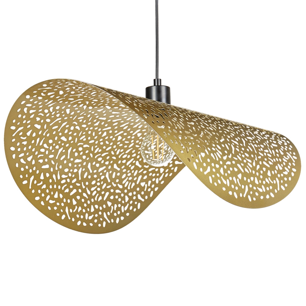 Lampadario con paralume metallico in ferro dorato per illuminazione a sospensione