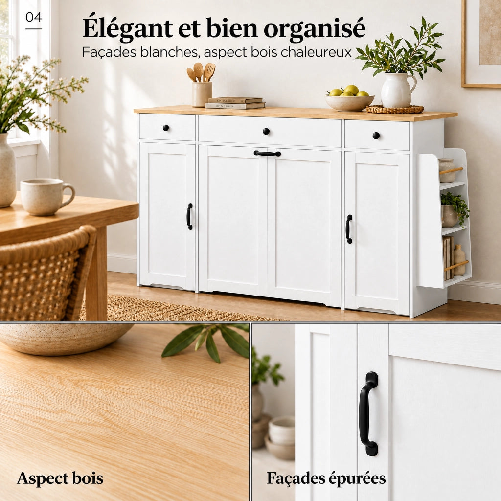 Sideboard bianco con 3 cassetti, 2 ante e piano superiore color legno per cucina e sala da pranzo