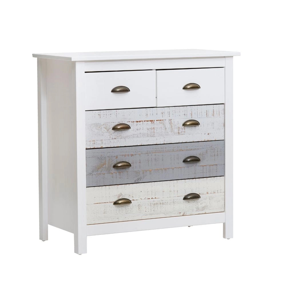 Comò in legno massiccio bianco grigio e crema Romantica 79x40x80H – Eleganza Naturale con 5 cassetti