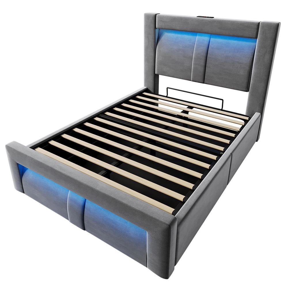 Letto-Xylo-90x200cm idraulico LED USB-C velluto testiera curva grigio con materasso
