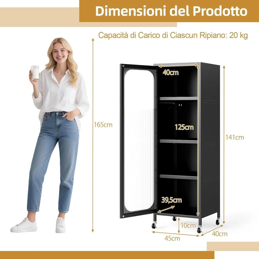 Mobile da Cucina in Metallo a 5 Ripiani, Credenza Salvaspazio con Mensole Regolabili 4 Ruote, Base Intercambiabile e Porta Semitrasparente, Organizzatore per Sala da Pranzo, Soggiorno (Nero)