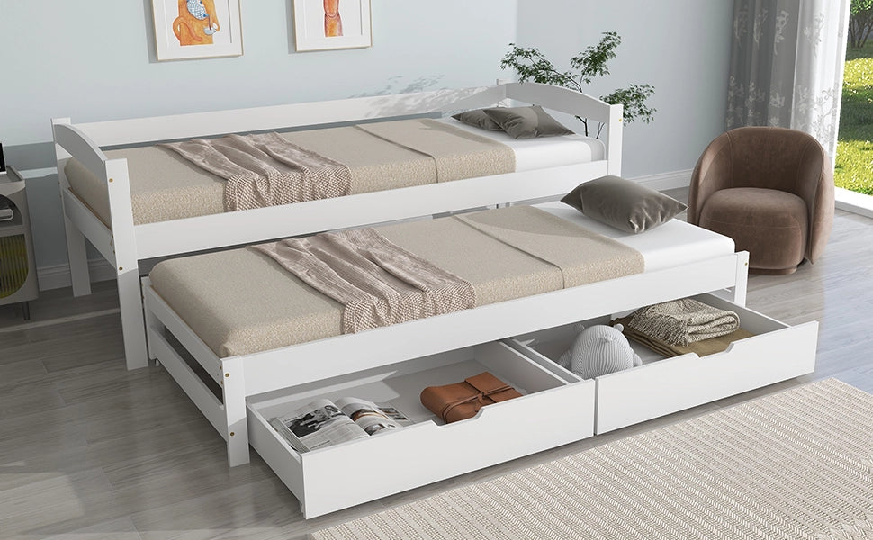 Letto a scomparsa singolo e matrimoniale con letto estraibile, 2 cassetti in MDF, struttura in legno massello bianco