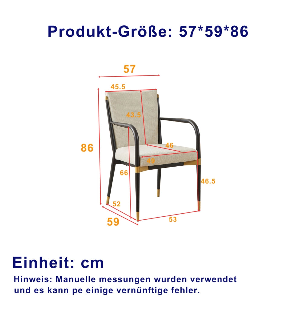 Set di 2 sedie da pranzo con braccioli; tessuto beige; struttura nera con dettagli dorati