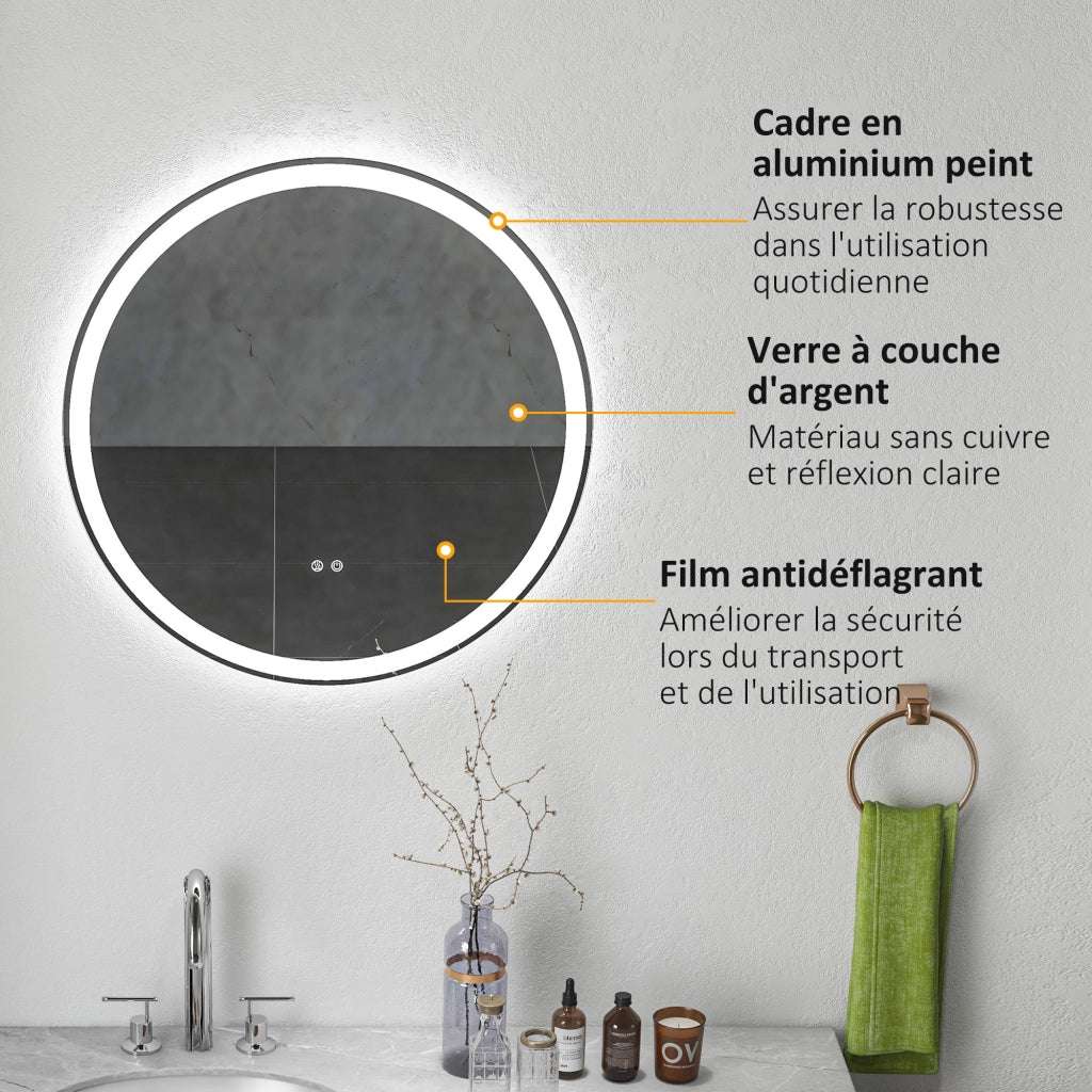 Specchio da bagno LED rotondo con illuminazione 3 colori ¨C zephmum ¨C 70 cm bianco argento