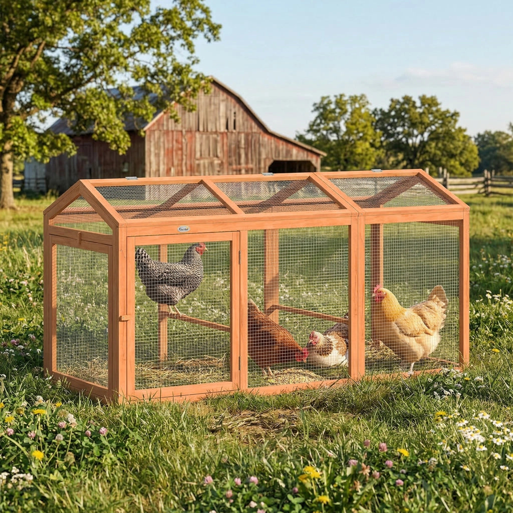 Pollaio da giardino con trespolo e doppie porte ¨C Xylo ¨C legno e metallo, 156x70,5x84 cm, arancione