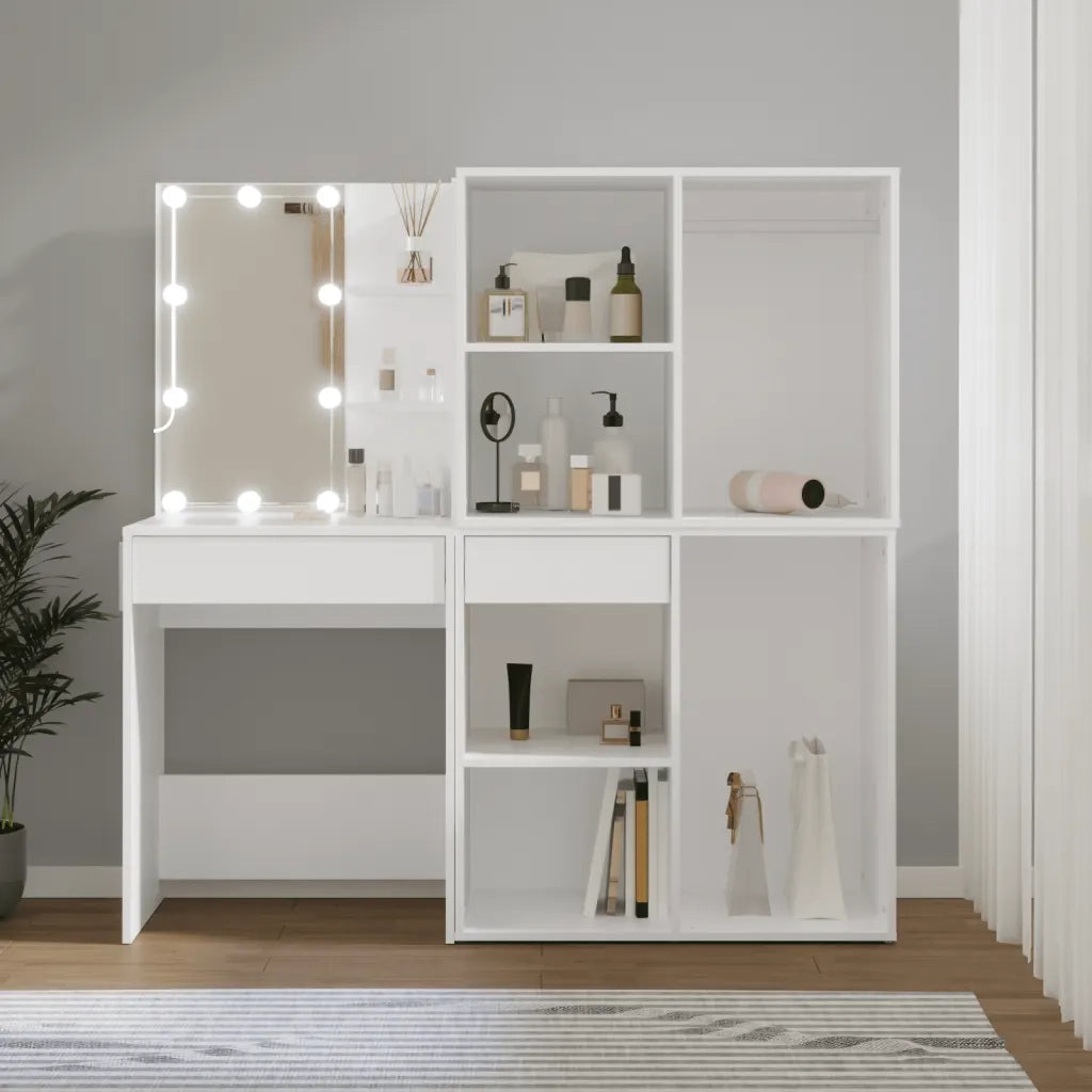 Toeletta | Tavolo da Trucco LED con 2 Armadietti in Legno Multistrato Bianco