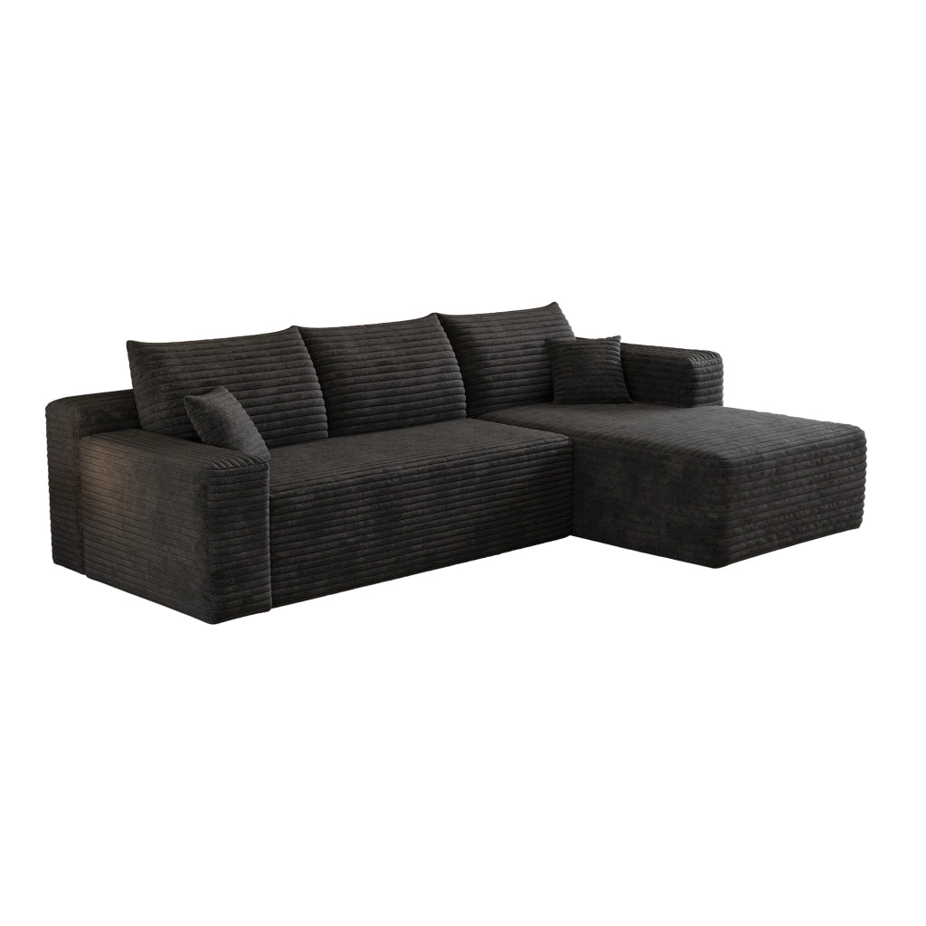 Divano angolare in tessuto a coste con schiuma elastica; nero; 241×151×58 cm
