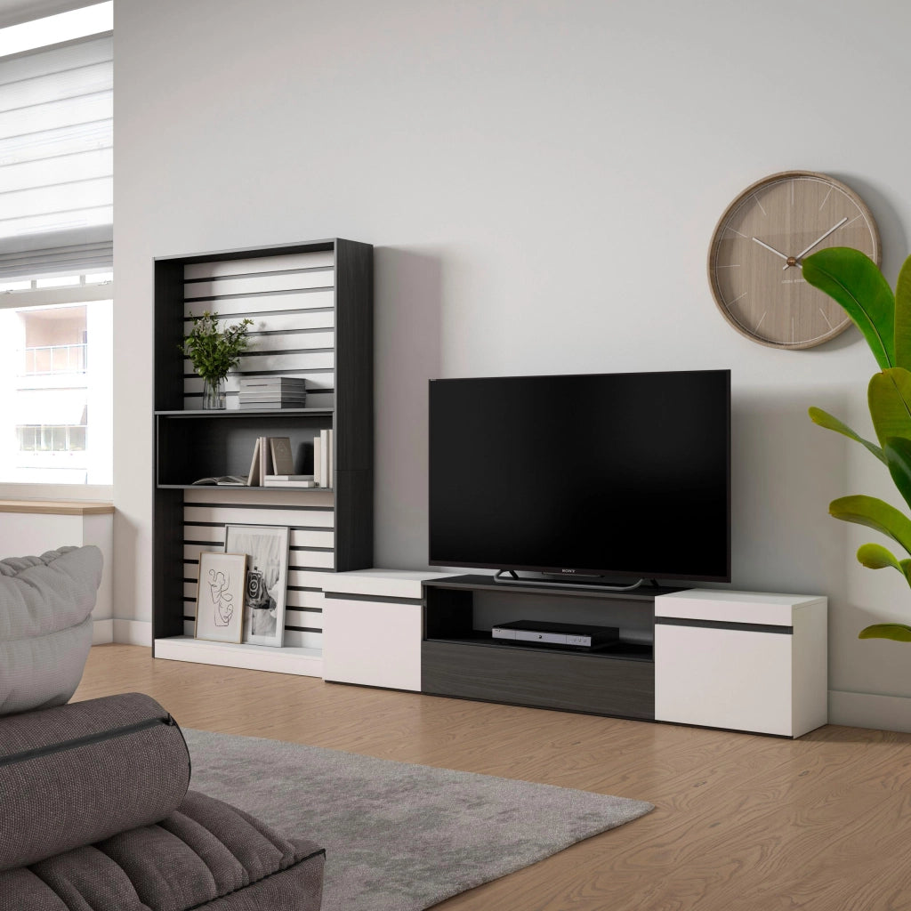 Mobile TV, Soggiorno, 310x35x186cm, Per TV fino a 80", Set di mobili, Bianco e nero RF2842