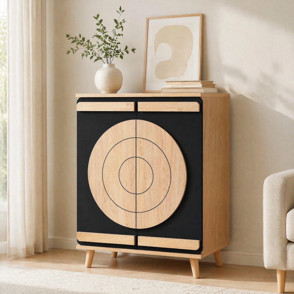 Scarpiera moderna 76x37x98;5 cm con ante geometriche; nera e naturale