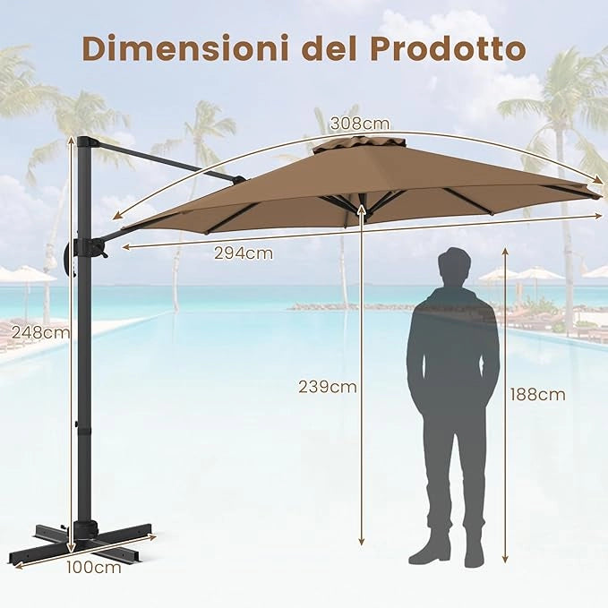 Ombrellone da Esterno 294 cm, Ombrellone con Rotazione a 360°, 5 Angoli di Inclinazione Regolabili, Base a Forma di Croce, 8 Stecche, Ombrellone per Giardino, Piscina, Cortile