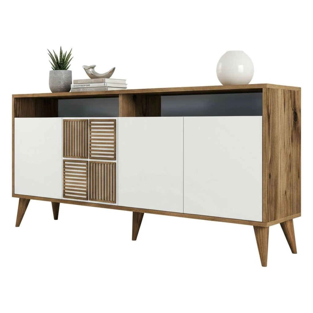 Credenza Garigliano, Buffet da soggiorno, Madia da salotto, Dispensa da cucina, 160x35 h79 cm, Noce e Bianco