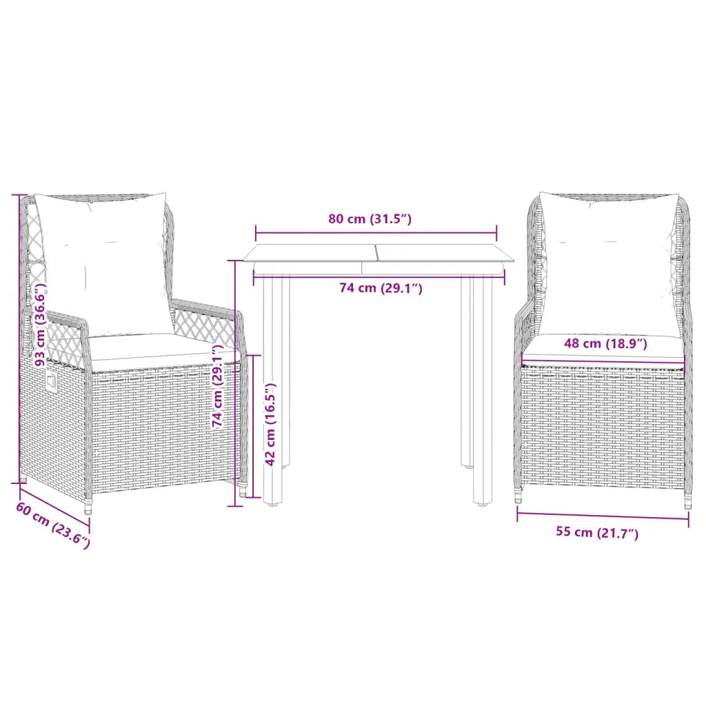 Set da Pranzo da Giardino 3pz con Cuscini in Polyrattan Marrone 3262978