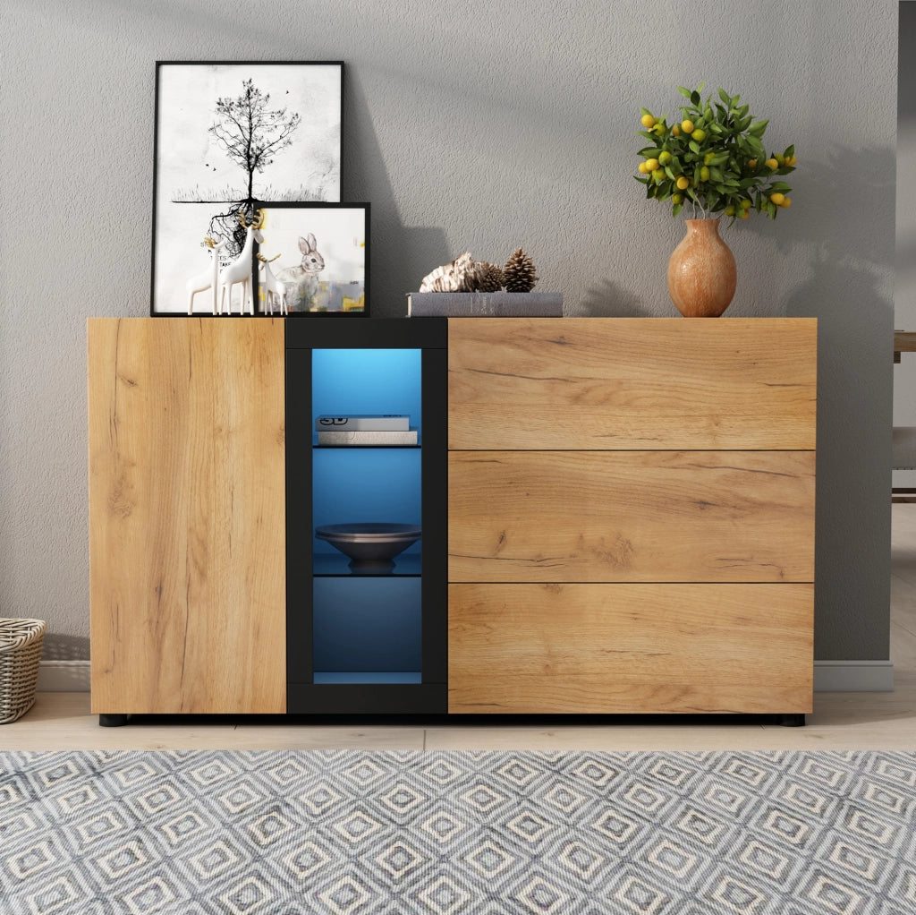 Credenza 140x40x80 cm in truciolato marrone e nero， LED APP， 2 colli