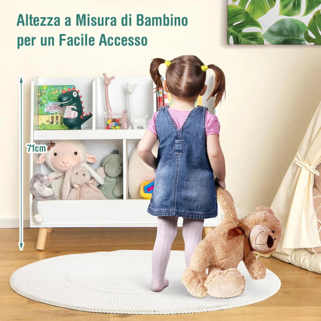 Libreria per Bambini a 5 Cubi, Scaffale Portagiochi a 2 Livelli con Gambe in Legno e Kit Antiribaltamento, per Stanza dei Giochi Camera da Letto, 80x35x71 cm