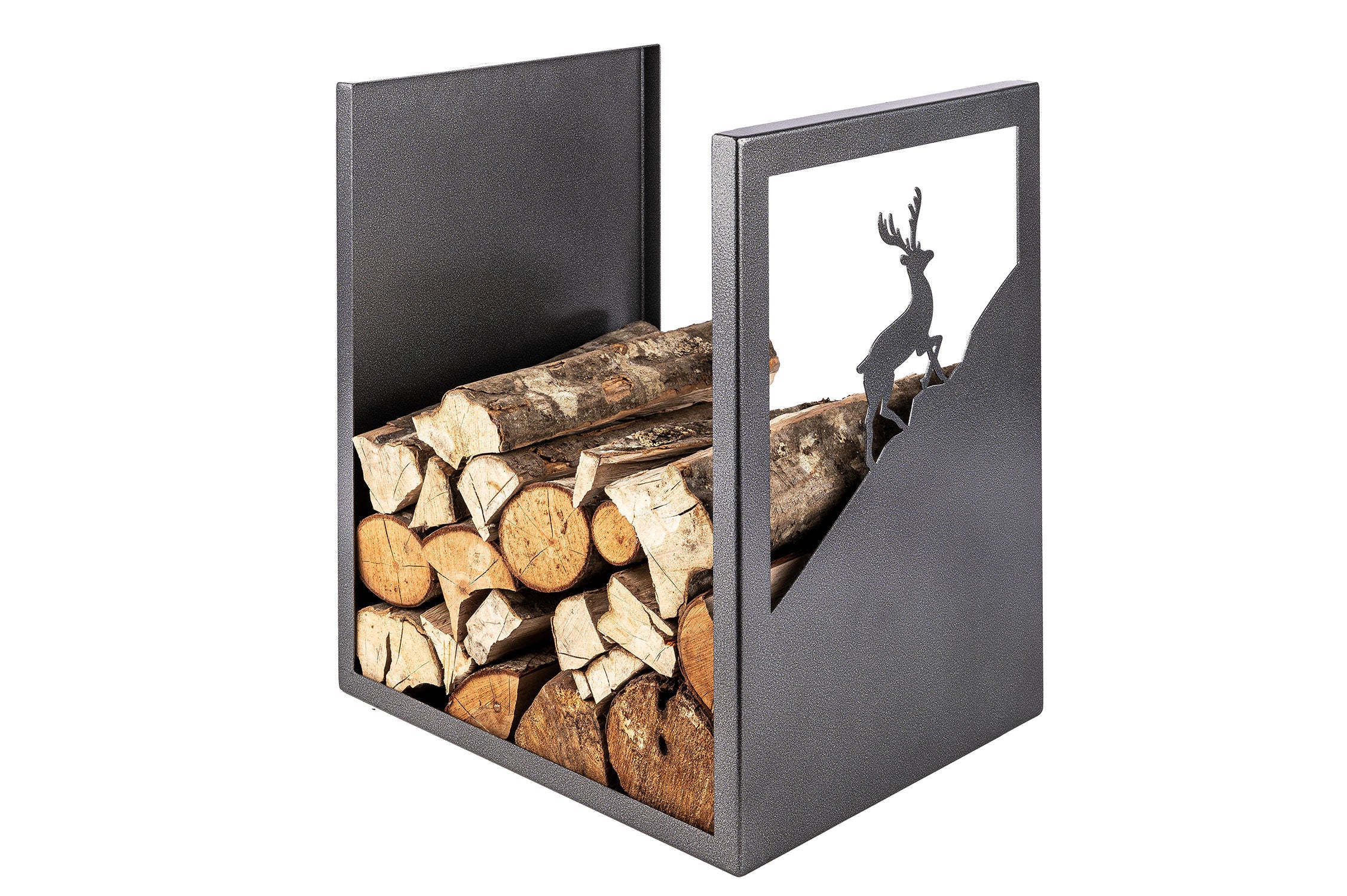 Porta Legna Sagomato Cervo 40,5x35,5x50 cm in Ferro Verniciato Grigio Martellato