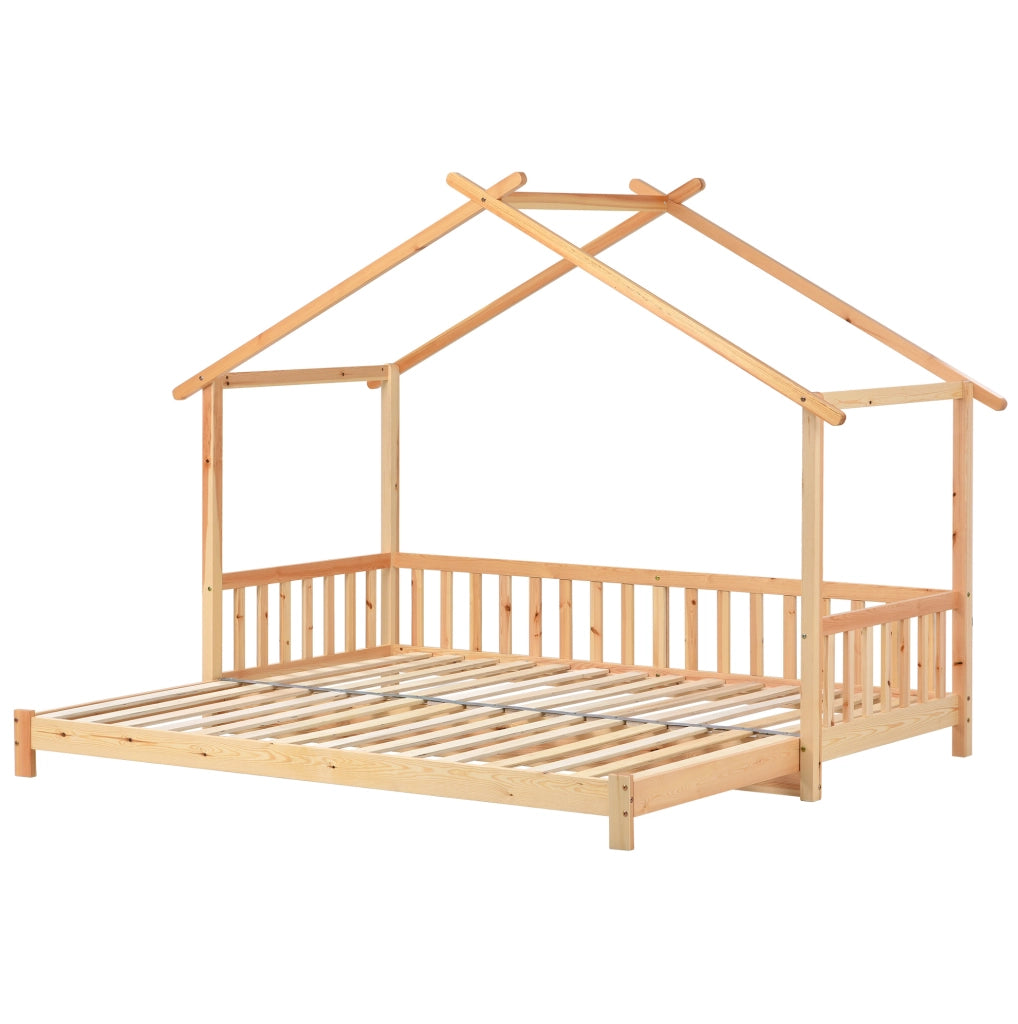 Letto casetta estensibile 208x182x170 cm; legno massello naturale