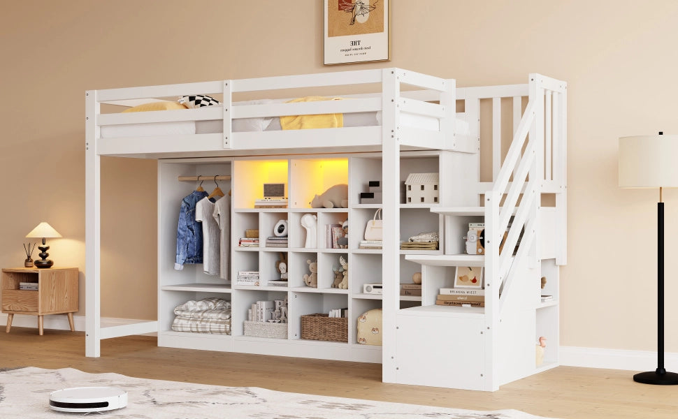 DESMIU Letto a soppalco 1 posto con contenitori, armadio e LED regolabile 90 × 200 cm, senza materasso