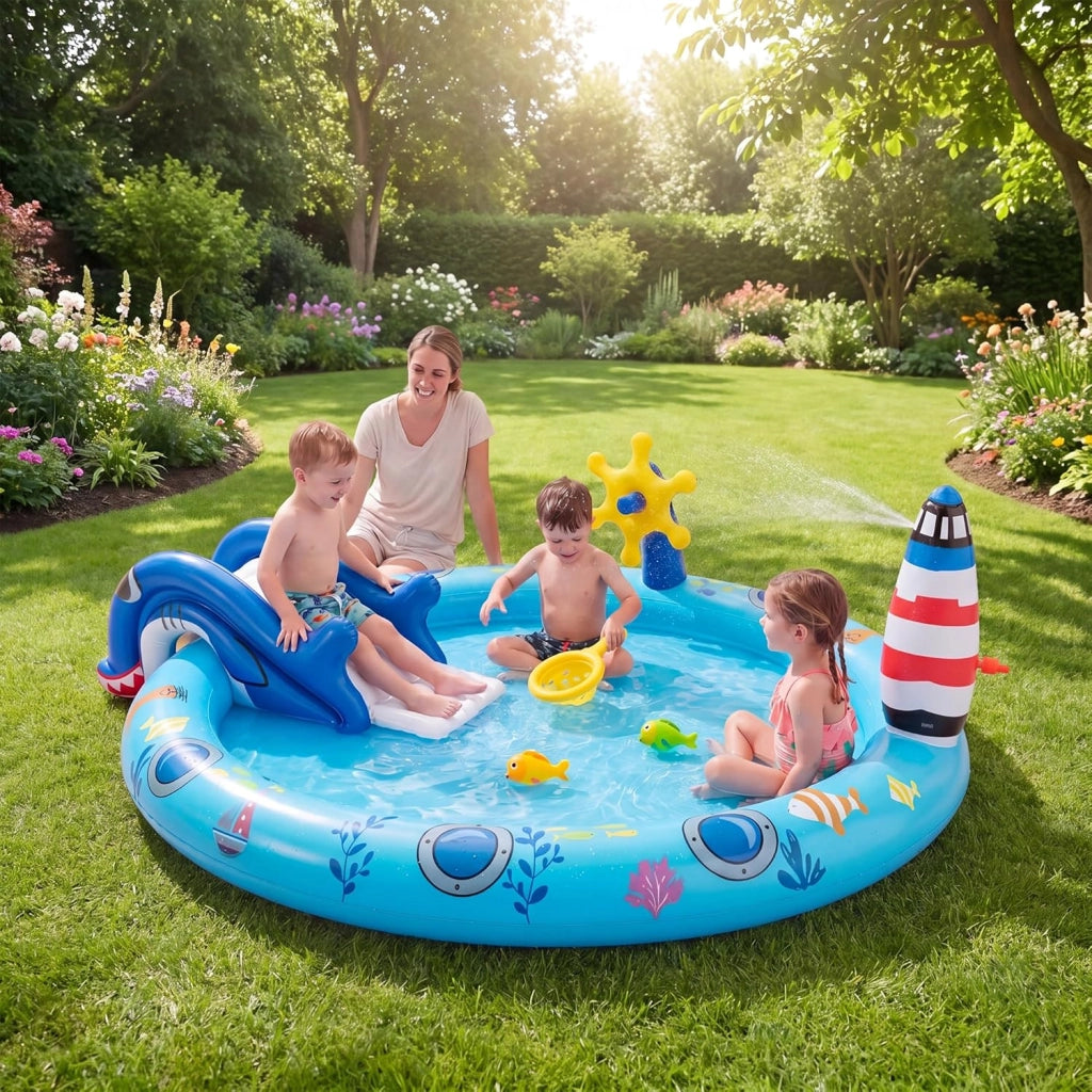 Piscina Gonfiabile Bambini, Parco Giochi Acquatico a Tema Marino con Scivolo, Irrigatore, Timone, 2 Pesci Giocattolo, Retino e 2 Toppe di Riparazione per Bambini 2-6 Anni, 188 X 153 X 63 CM
