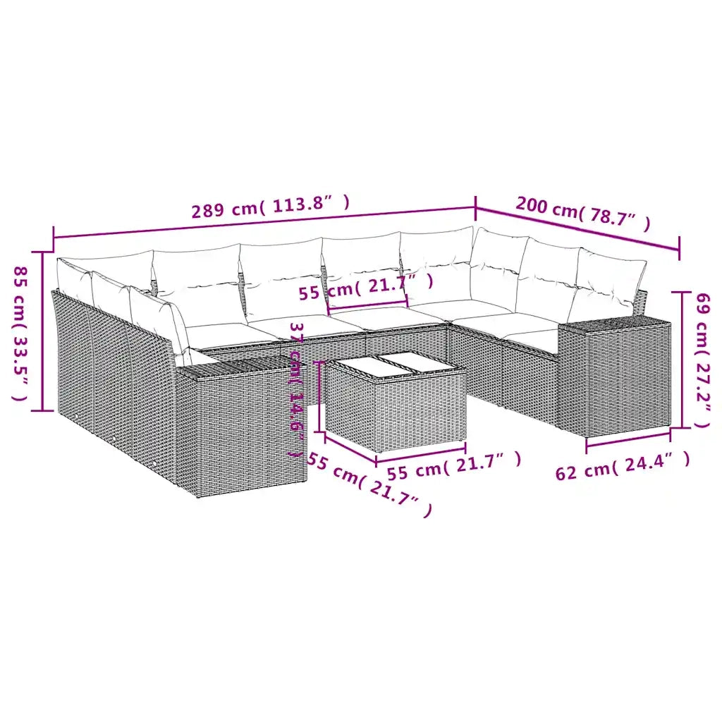 Set Divani da Giardino 10pz con Cuscini in Polyrattan Marrone