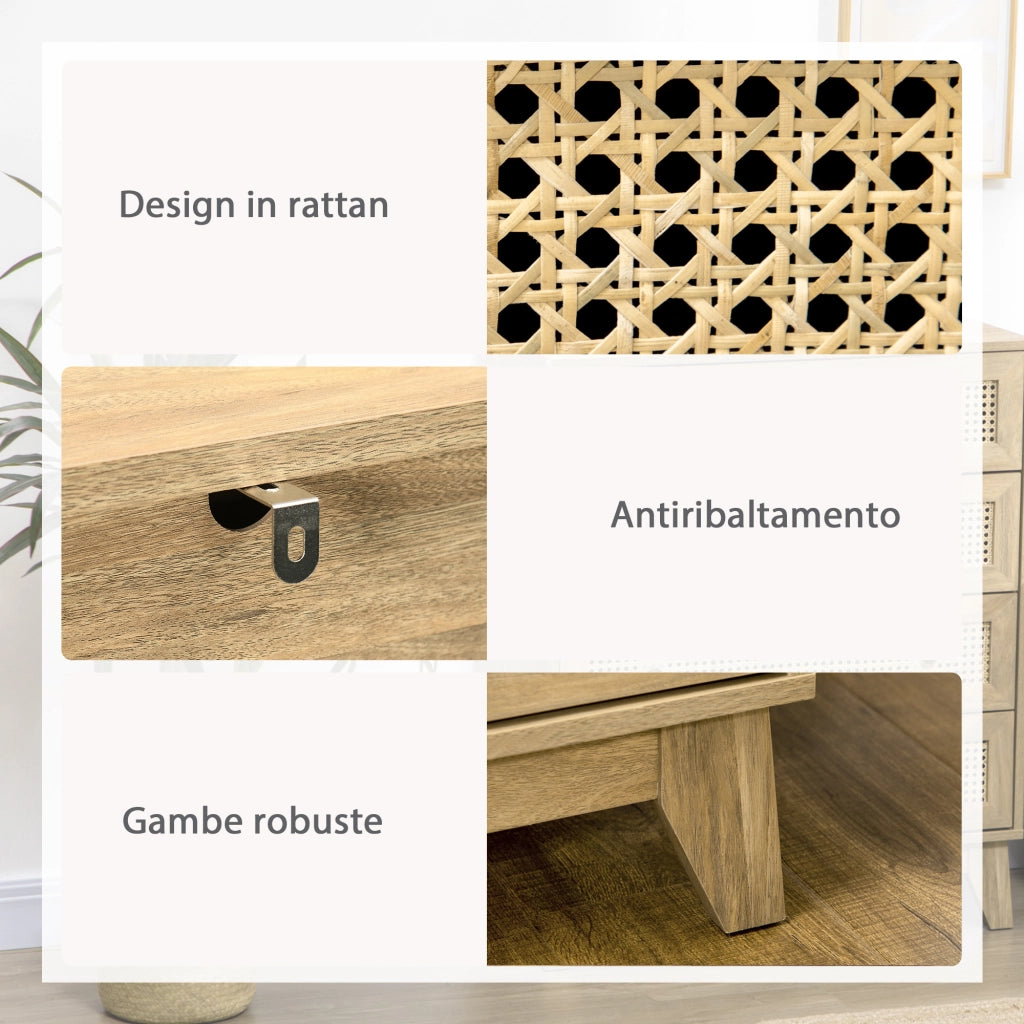 Cassettiera con 4 Cassetti in Stile Boho 80x35x95 cm Inserti in Rattan color Legno