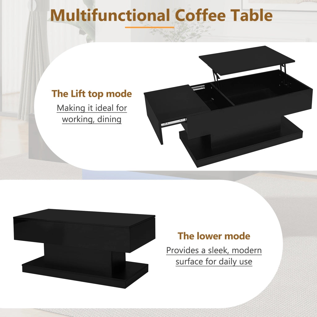 Tavolino da caffè con piano alzabile; vano contenitore e LED - per soggiorno - in truciolare - 100x50x45 cm - nero