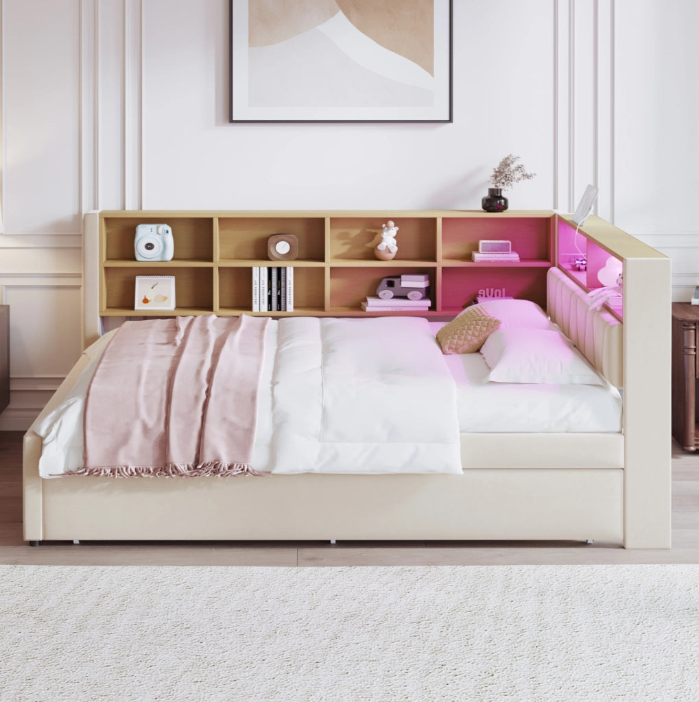 Divano letto multifunzionale 140x200 cm con letto estraibile 90x190 cm; LED e prese; beige