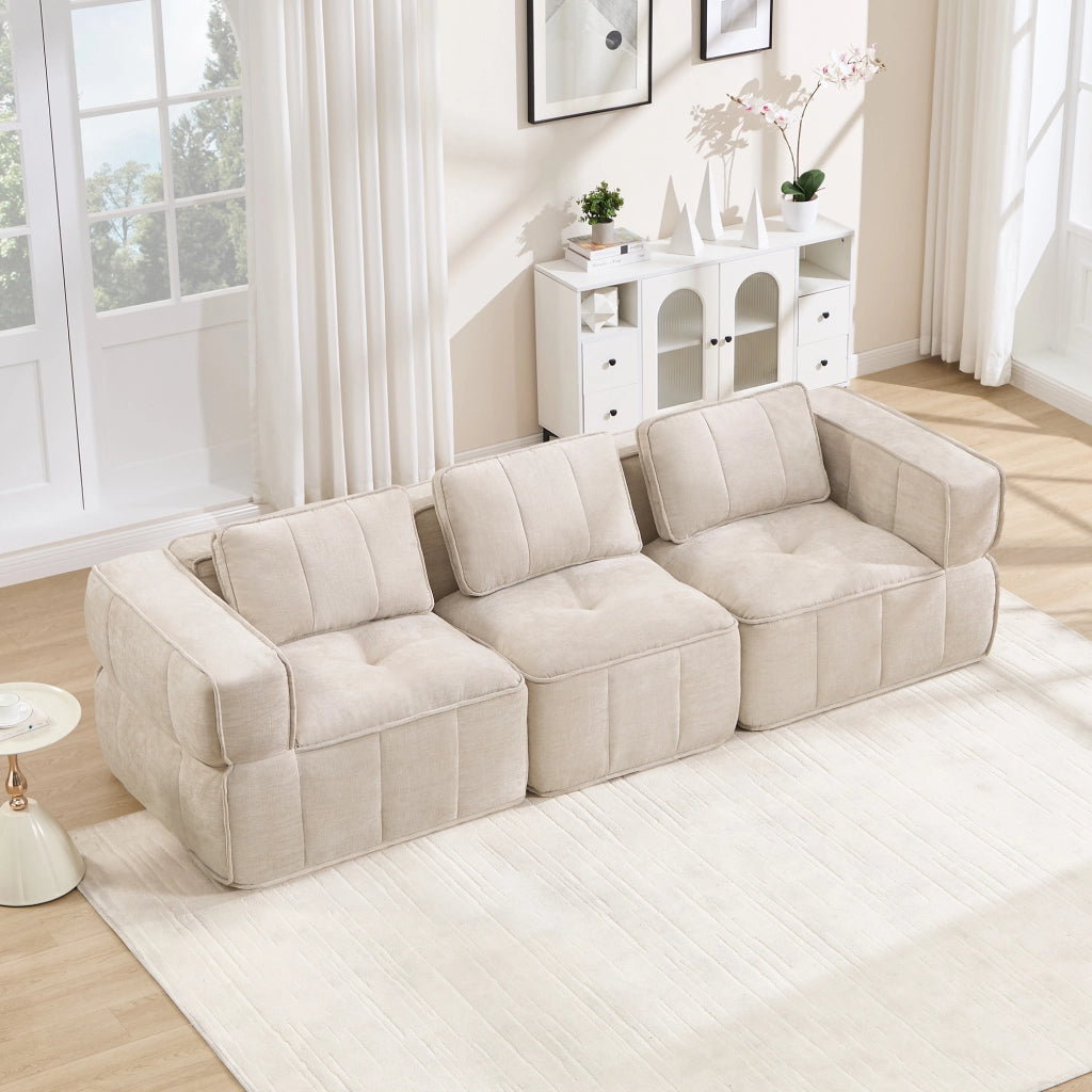 Divano modulare a 3 posti senza struttura in tessuto di poliestere con schiuma 32D base antiscivolo senza montaggio beige