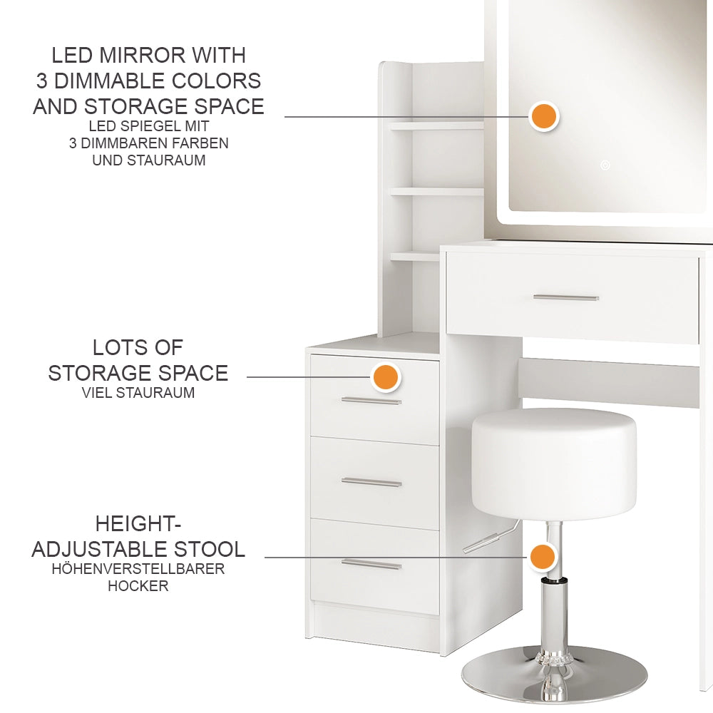 Vicco Tavolo da toilette Bianco 80 cm con specchio LED e sgabello