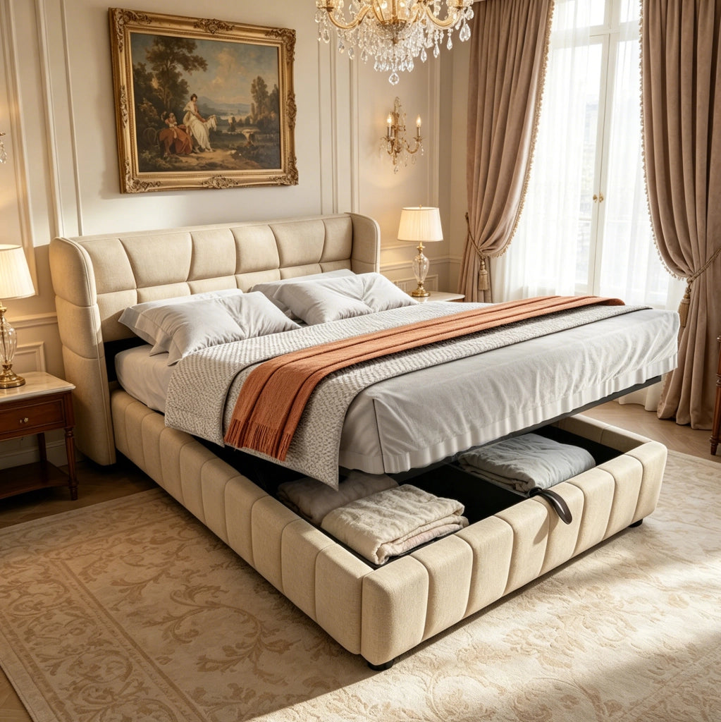 Letto imbottito 140x200 cm con vano contenitore e testiera rivestita beige