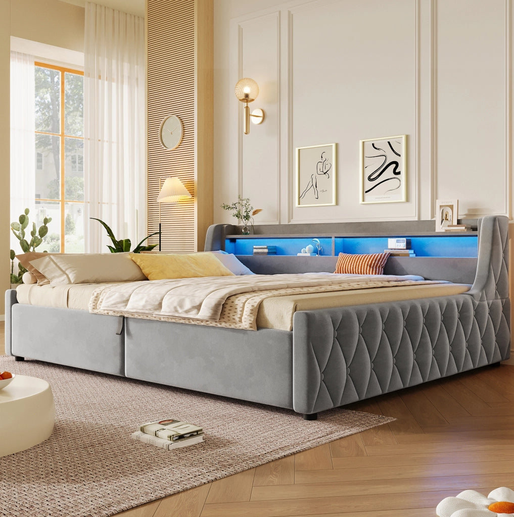 Letto imbottito 140x200 cm con contenitore idraulico e testiera LED grigio