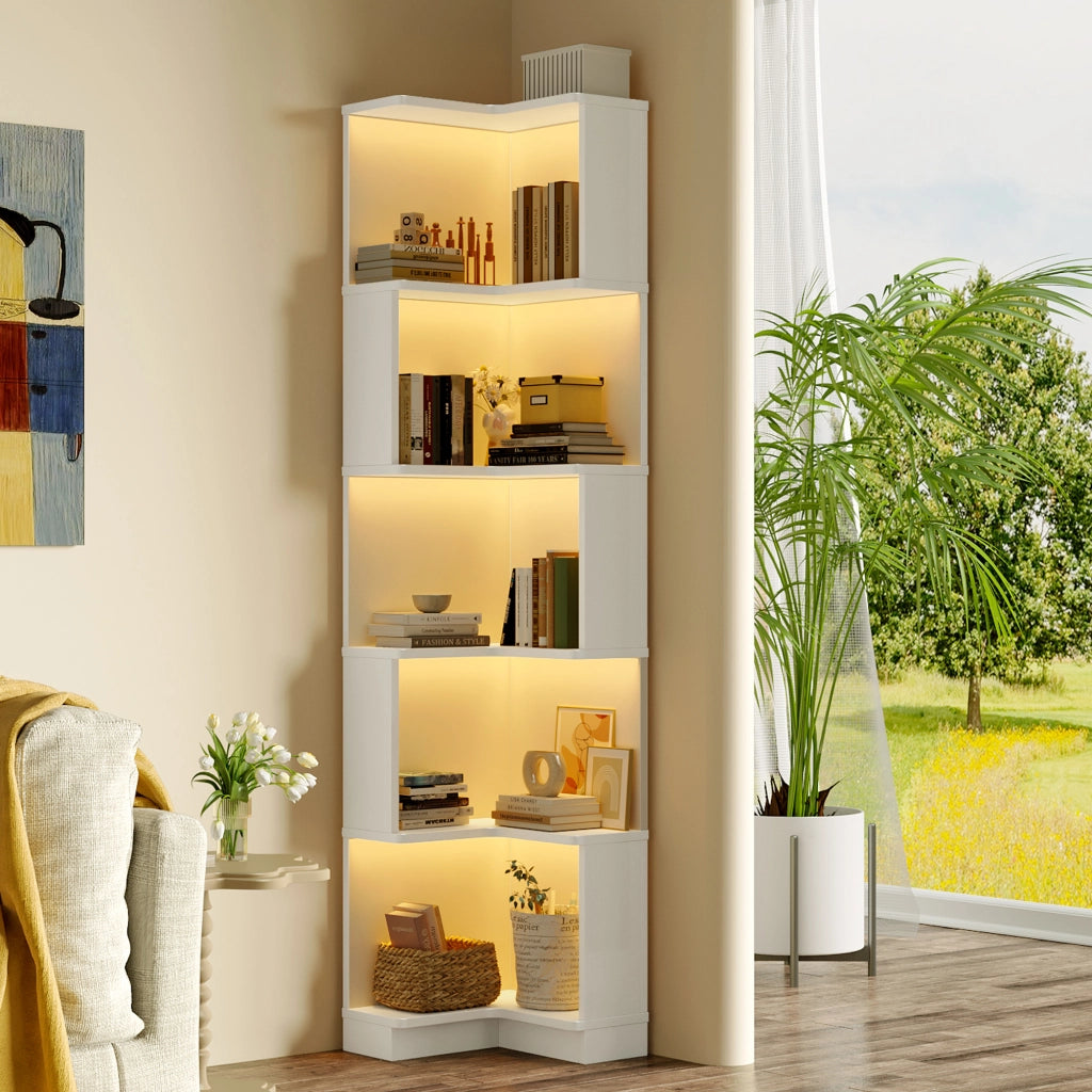 Libreria angolare con LED regolabili via app e 5 ripiani, per studio e ufficio, in MDF, bianco, 63,5 × 45 × 175 cm