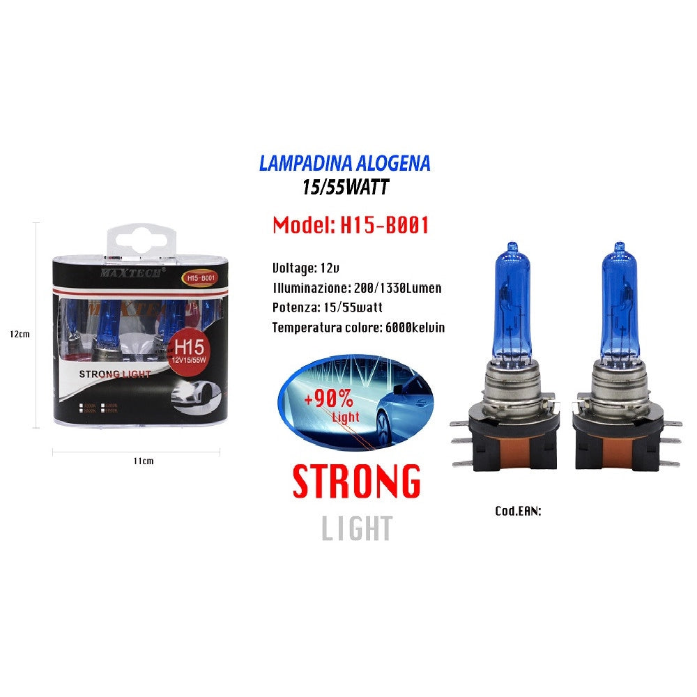 Trade Shop - Lampadina Alogena H15 12v 55/15w Luci Fredde Auto 6000k Ricambi Maxtech H15-b001 -