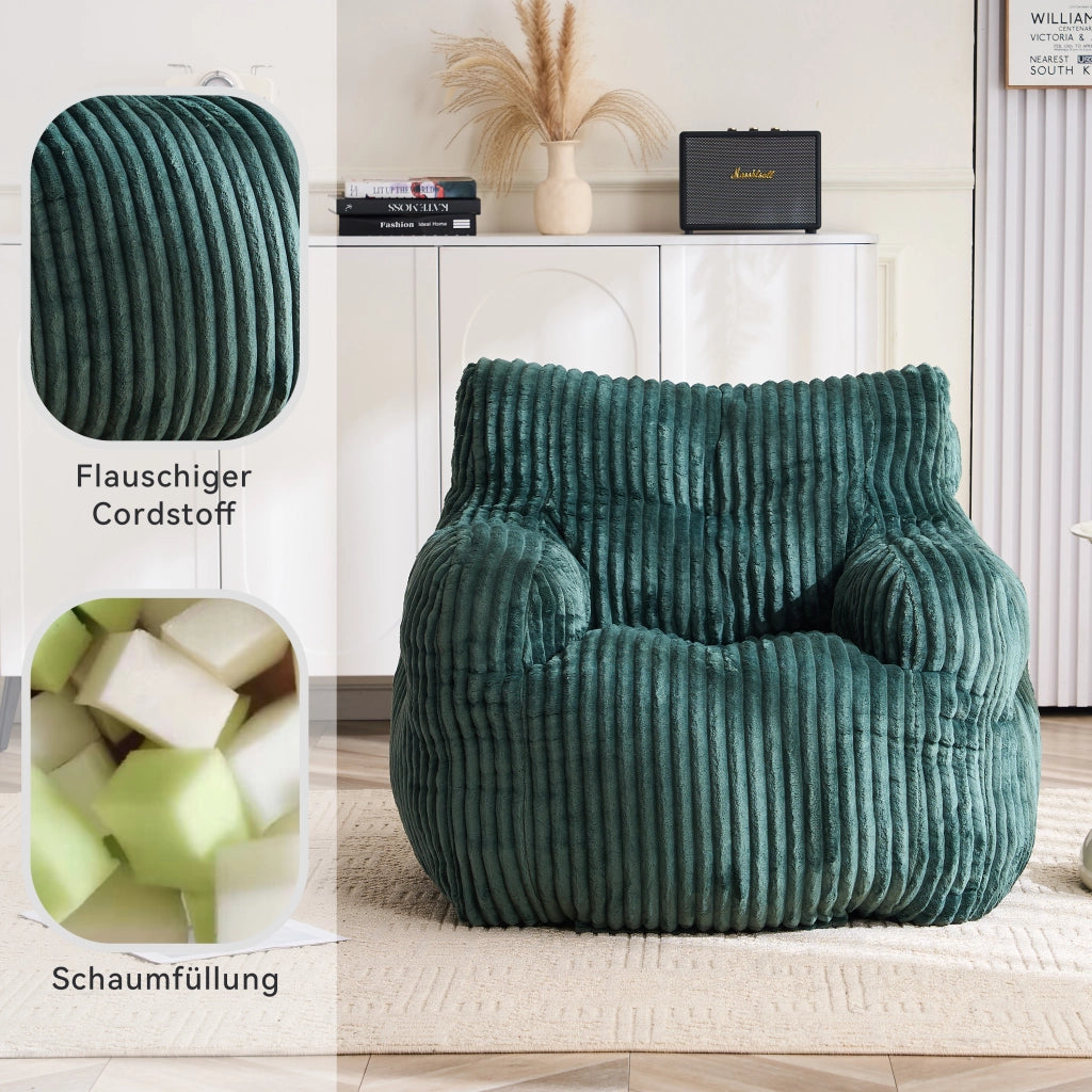 Fauteuil pouf in velluto a coste con imbottitura in fiocchi di memory foam per interni, verde 100 × 94 × 70 cm