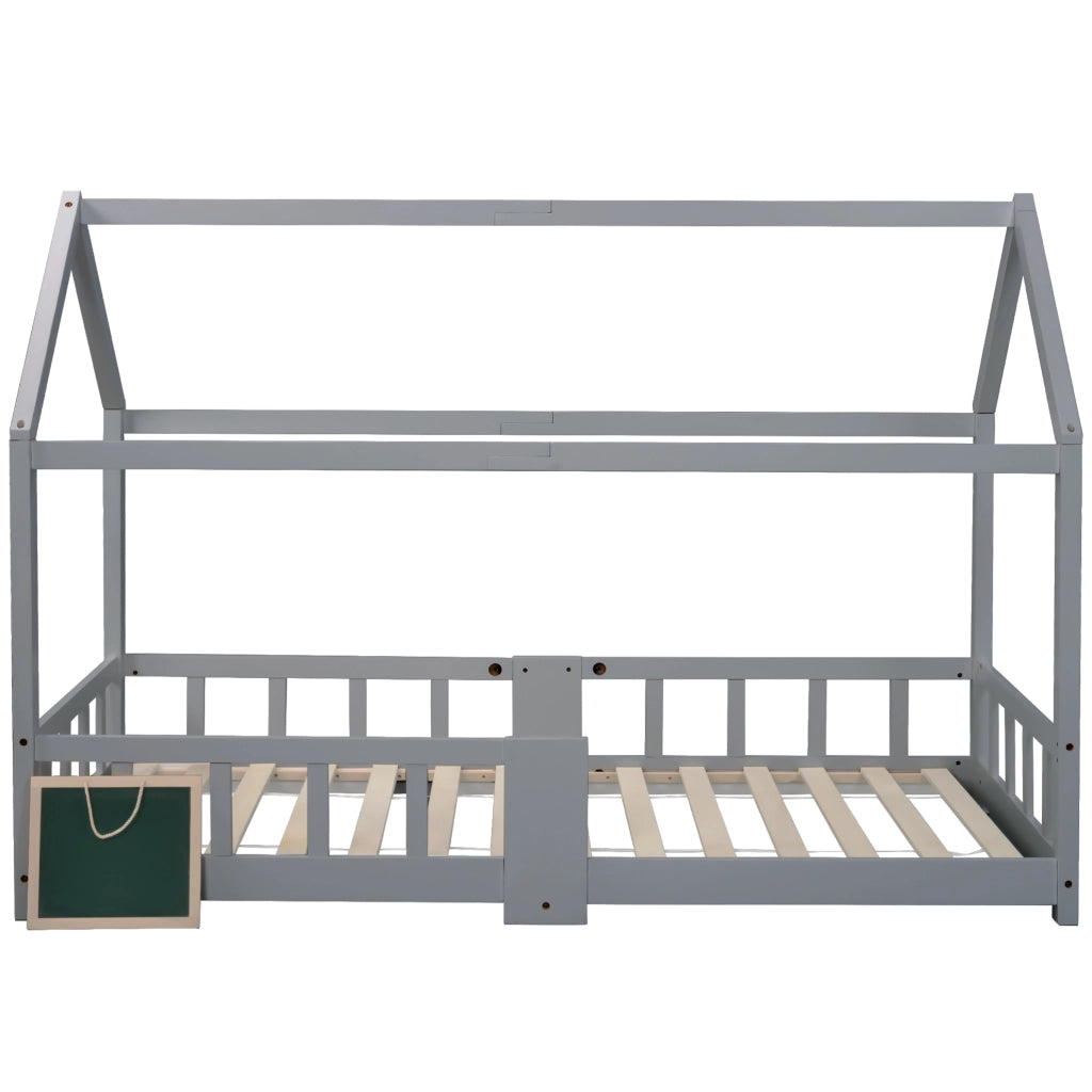 Letto a casetta per bambini 90x200 cm con lavagna e protezione anticaduta; legno grigio