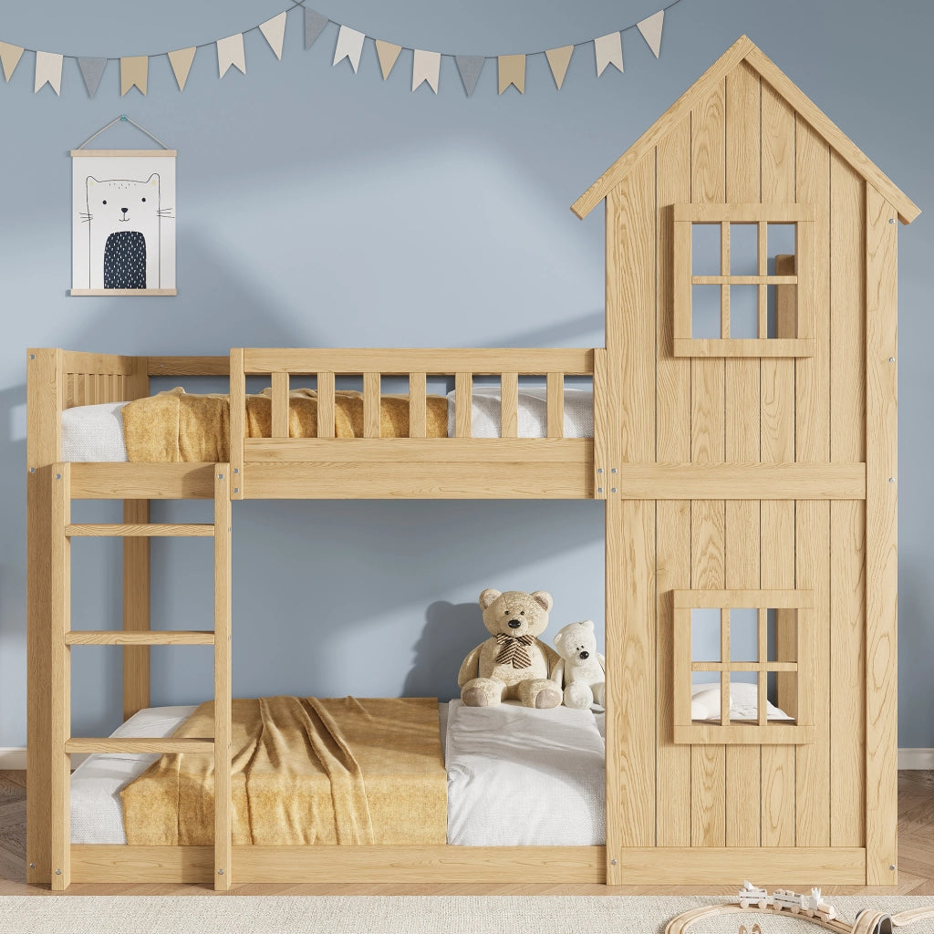 Letto a castello a casetta 90x200 cm con 2 finestre; scala a 3 gradini e parapetto integrale; pino e MDF; naturale