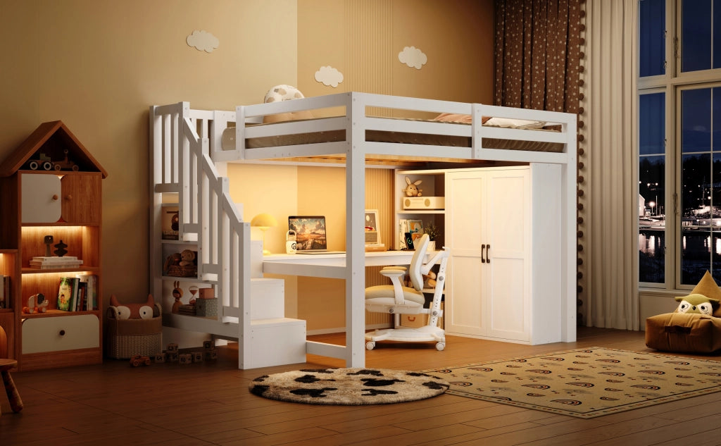 Letto a castello con scrivania e armadio - Xylo - 140x200 - Bianco - USB, LED