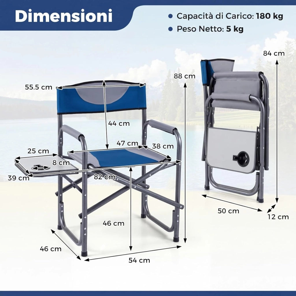Sedia da Regista Imbottita con Tavolino, Ampio Sedile, Braccioli e Schienale, Sedia da Campeggio Pieghevole con Telaio Metallico per Eventi Sportivi e Pesca, Portata 180 kg (Blu)