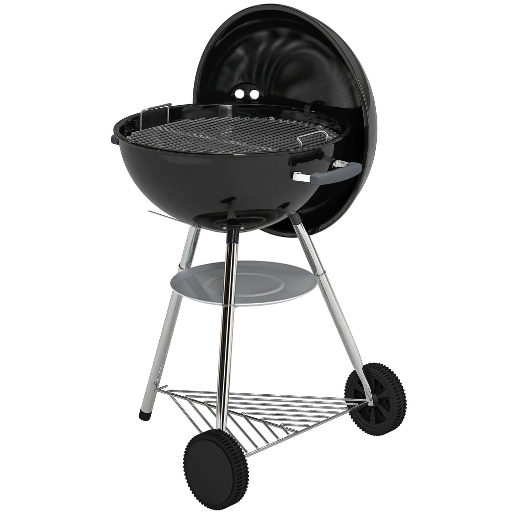 barbecue a carbone con griglia esterna rotonda. coperchio. termometro e ruote. Nero