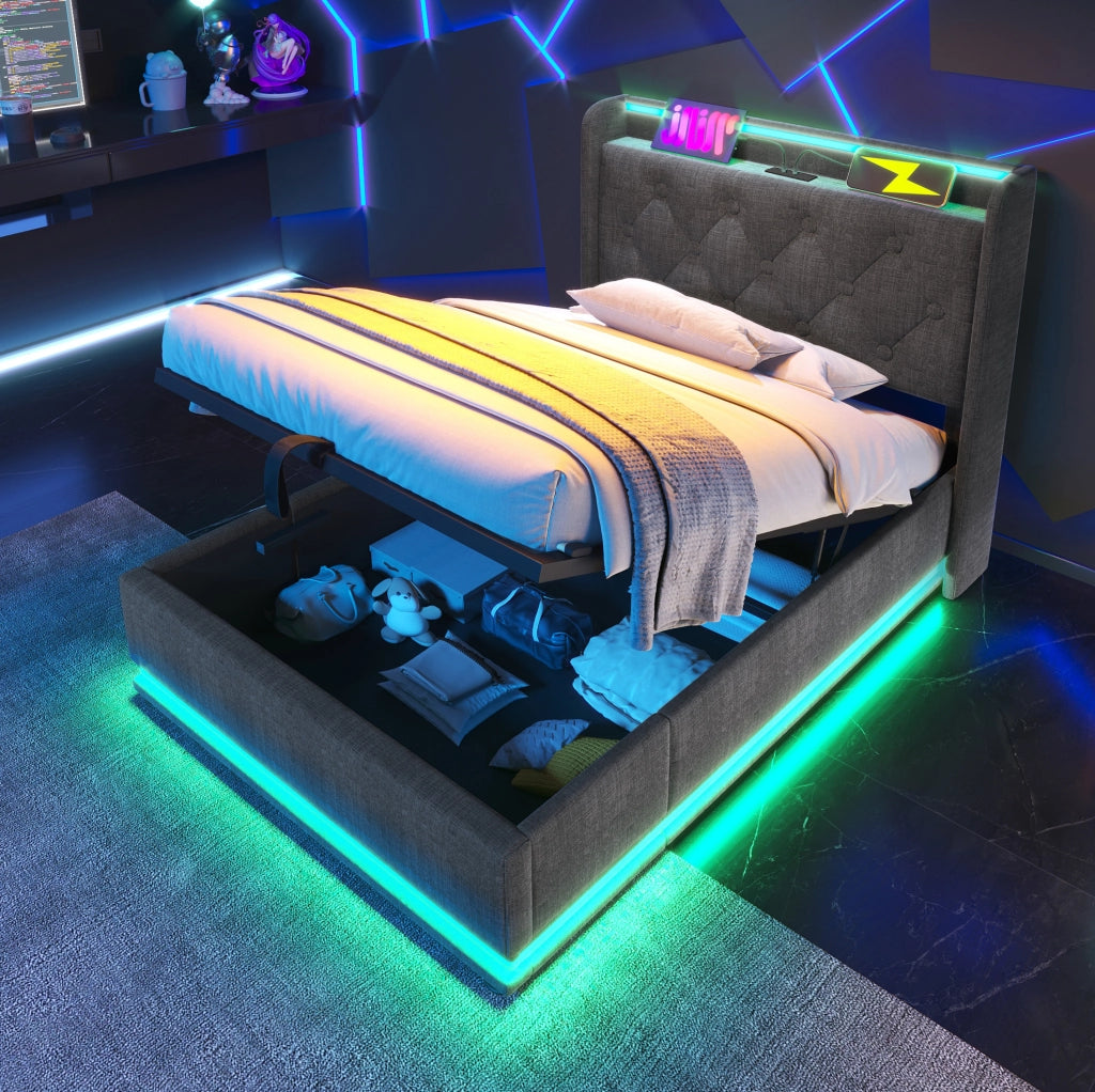Letto 90x200 cm grigio in lino con LED 360, USB e contenitore idraulico