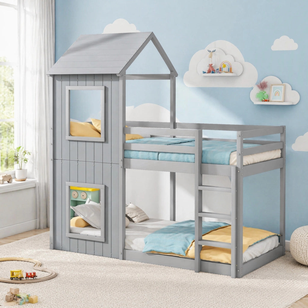 Letto a castello per bambini 90x200 cm in legno di pino, color grigio, con struttura a casetta e scaletta