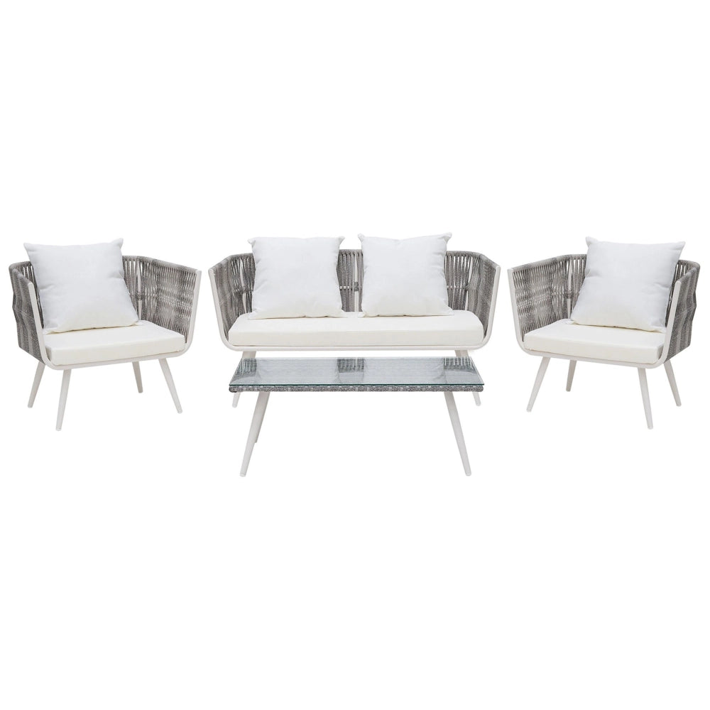 Set conversazione da giardino in rattan sintetico bianco da esterno a 4 posti con cuscini per tavolini