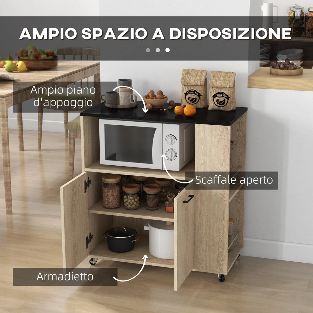 EasyComfort Carrello da Cucina in Truciolato con Ripiano Aperto, Armadietto a 2 Ante e Scaffale Laterale, 75x40x80.5 cm