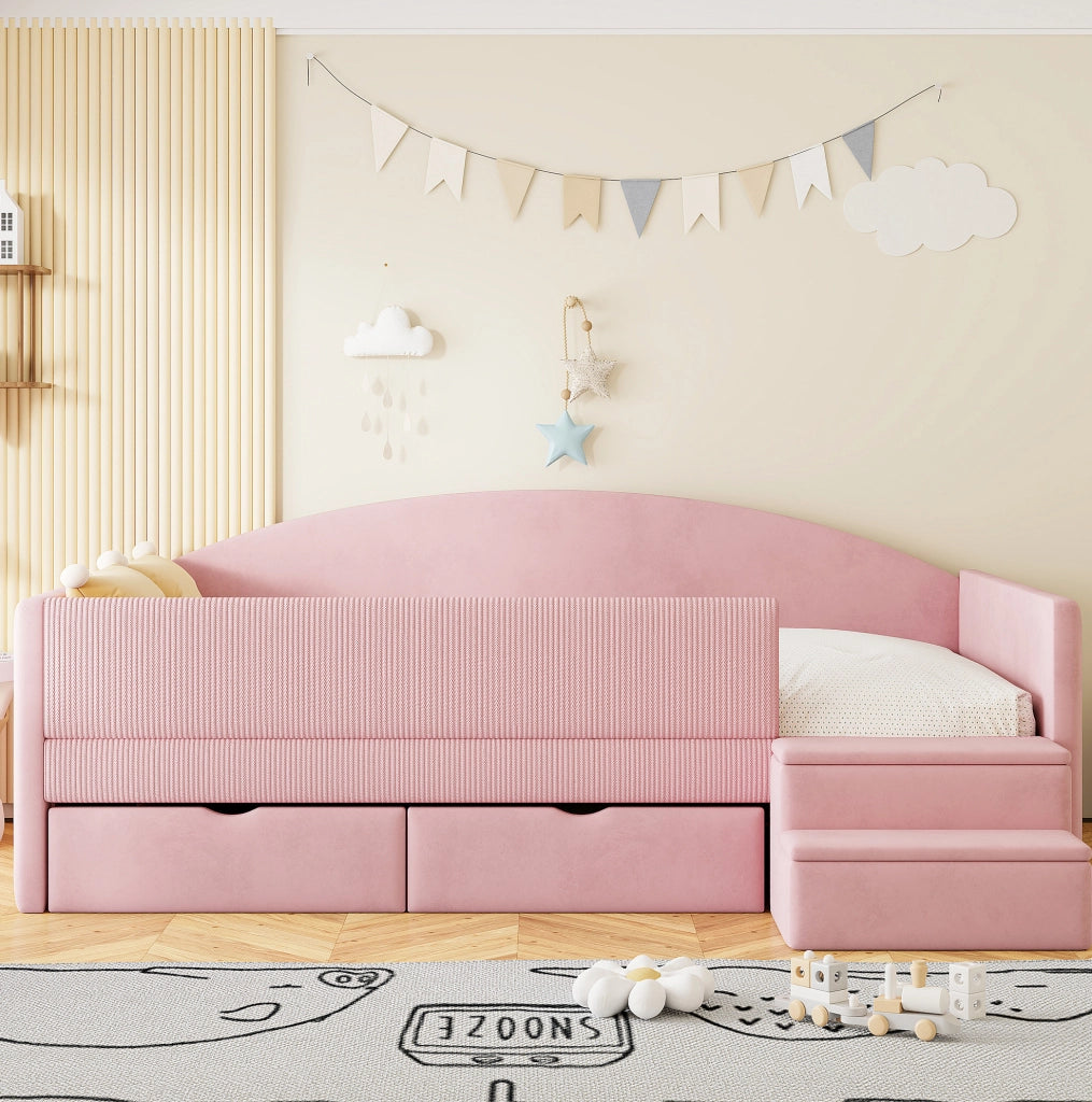 Letto imbottito 90x190 cm con 2 cassetti, sponde di protezione e scaletta rosa