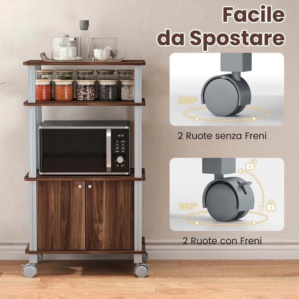 Scaffale da Cucina per Microonde Carrello da Cucina, con Ruote e 2 Ante, Multifunzionale e Movimento Flessibile, 60x40x98 cm (Caffè)