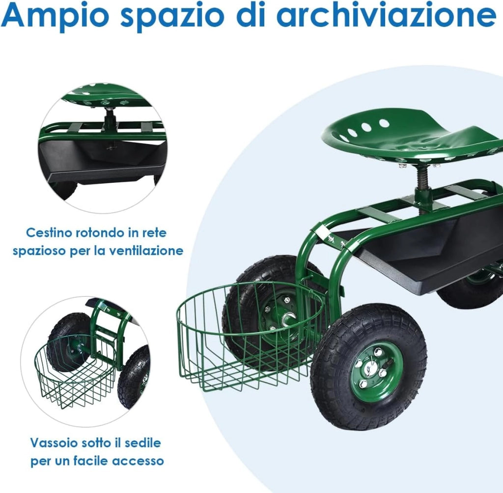 Sgabello per Giardinaggio con Ruote, Sedile da Giardino Regolabile in Altezza con Manico Estensibile, Cesto Portaoggetti, 2 Vassoi e 4 Ruote in Gomma (96,5 x 47,5 x 47-55 cm)
